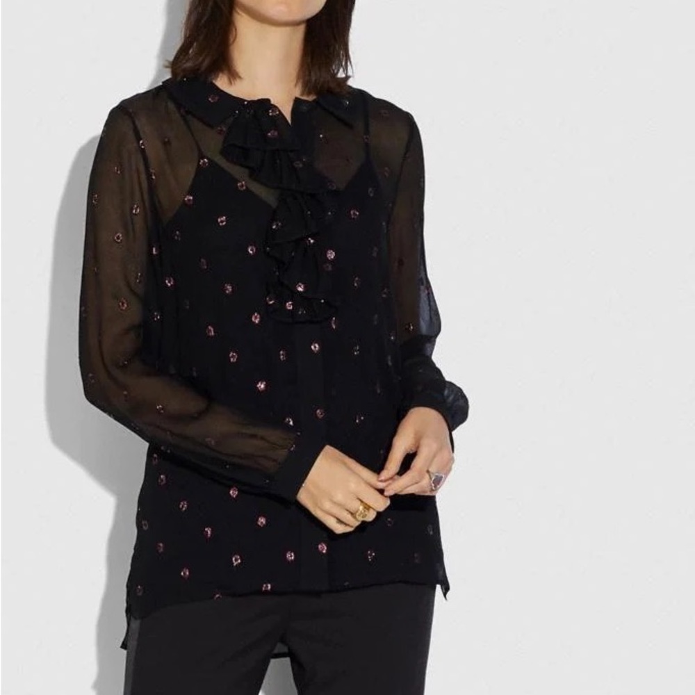 Coach Black Sheer Blouse with Pink Accents